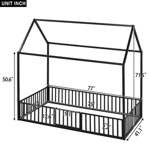 English Elm Twin Metal House Bed with Roof, Fence & Door — Enclosed Playful Twin Frame for Imaginative Kids Sleeps Black MF315932AAB