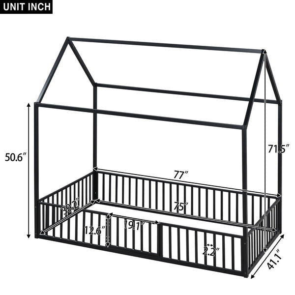 English Elm Twin Metal House Bed with Roof, Fence & Door — Enclosed Playful Twin Frame for Imaginative Kids Sleeps Black MF315932AAB