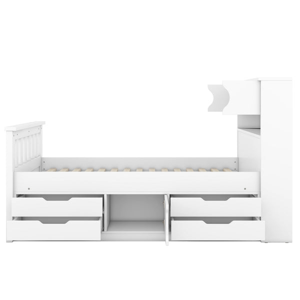English Elm Twin Captain Platform Bed Frame with Built-In Bookcase, Four Drawers & Slat Support for Storage White GX001828AAK