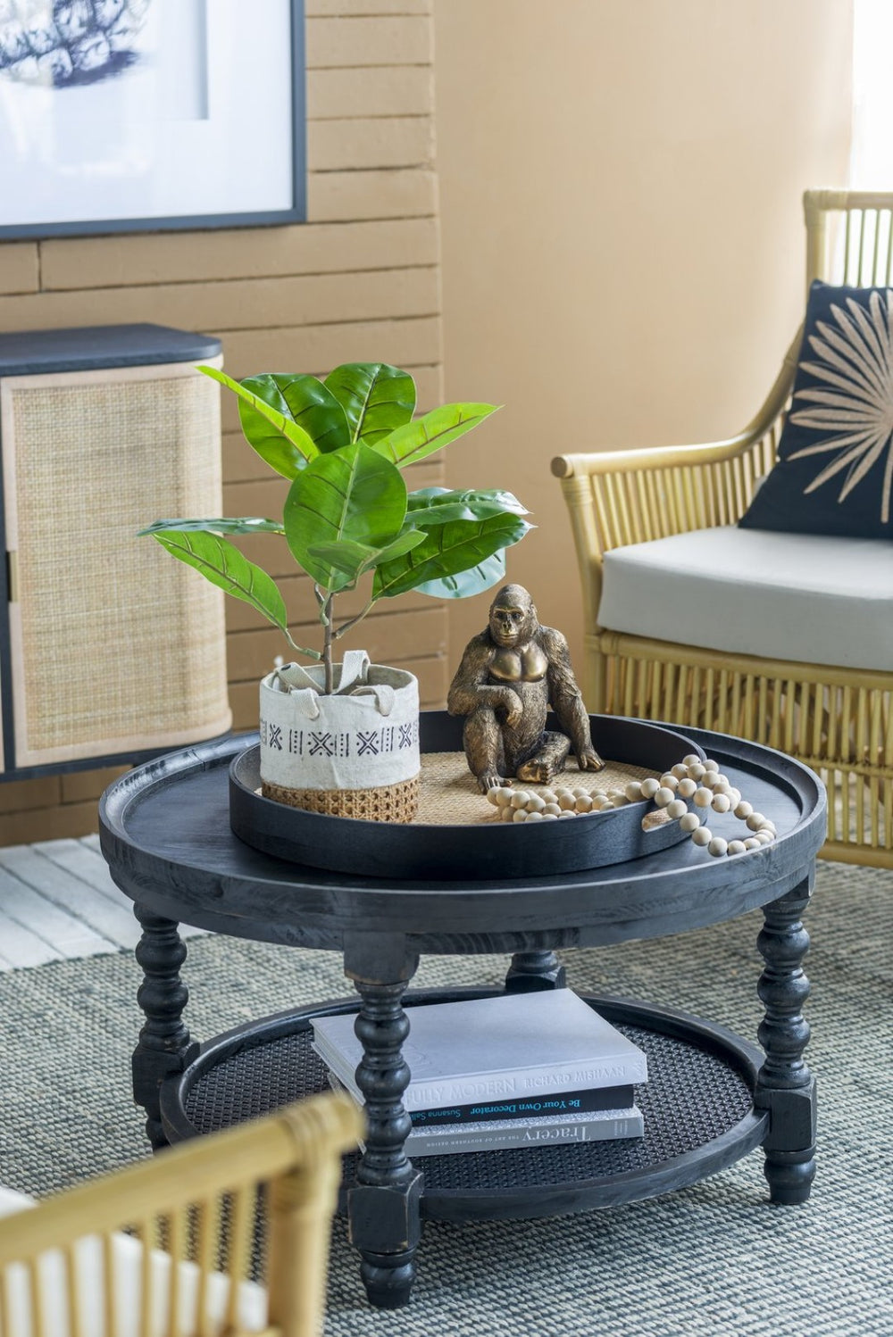 English Elm D29.7" Round Two-tier Side Table Wicker Cane Shelf Turned Legs Artisan Living Room Black W2078P155915