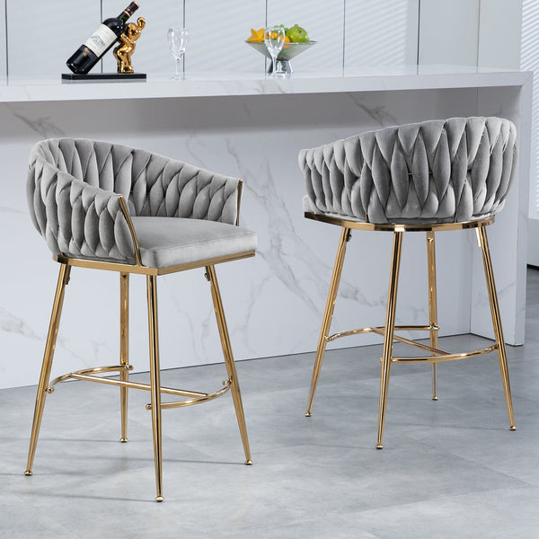 English Elm 26'' Velvet Counter Height Bar Stools Set of 2 with Hand-Wave Back, Gold Chrome Base, Plush Cushion Grey W2215P147901