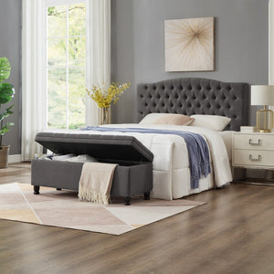 English Elm Upholstered Tufted Linen Storage Bench with Spindle Legs for Bedroom Entryway W2186P151307