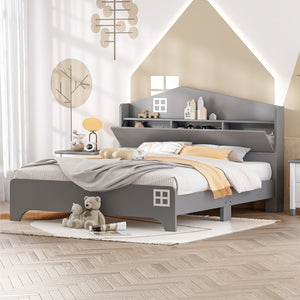 English Elm Wooden Full Size House Bed With Storage Headboard ,Kids Bed With Storage Shelf,Grey