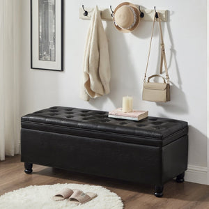 English Elm Upholstered Tufted Linen Storage Bench with Spindle Legs for Bedroom Entryway W2186P151305