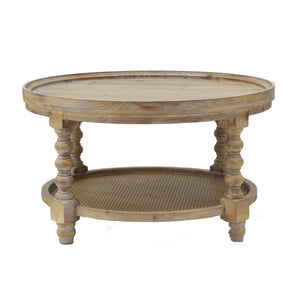 English Elm D29.7" Round Two-tier Side Table Wicker Cane Shelf Turned Legs Artisan Living Room Brown W2078P155914