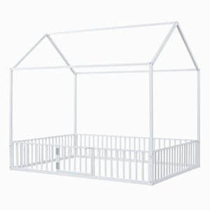 English Elm Full Size White Metal House Bed with Pitched Roof Fence and Door for Kids MF315933AAK