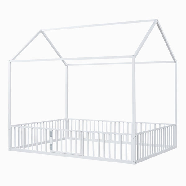 English Elm Full Size White Metal House Bed with Pitched Roof Fence and Door for Kids MF315933AAK