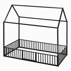English Elm Twin Metal House Bed with Roof, Fence & Door — Enclosed Playful Twin Frame for Imaginative Kids Sleeps Black MF315932AAB