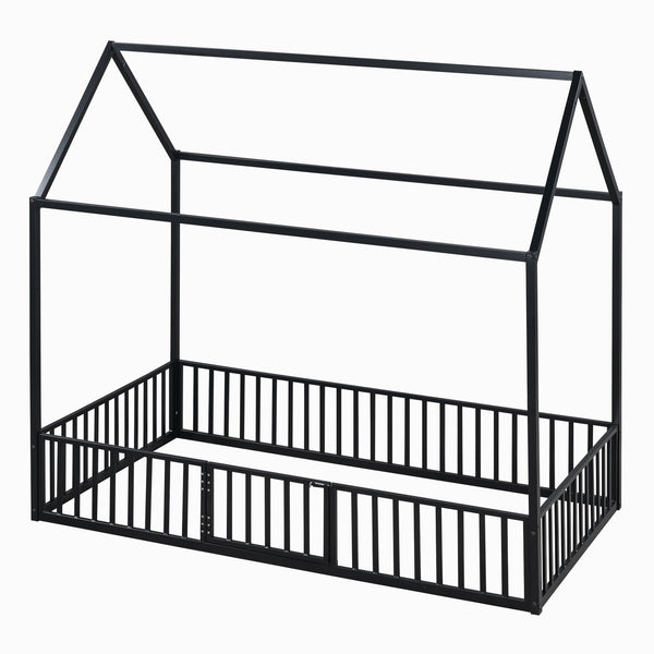 English Elm Twin Metal House Bed with Roof, Fence & Door — Enclosed Playful Twin Frame for Imaginative Kids Sleeps Black MF315932AAB