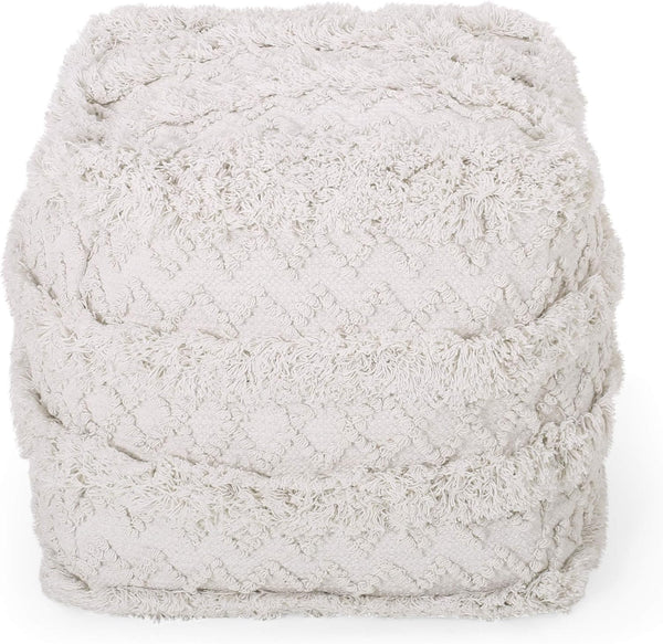 English Elm Christopher Knight Home® - WOVEN Cotton Pouf White Handwoven Boho Tufted Diamond Accent Cube Removable Cover, 18" Durable 67855.00