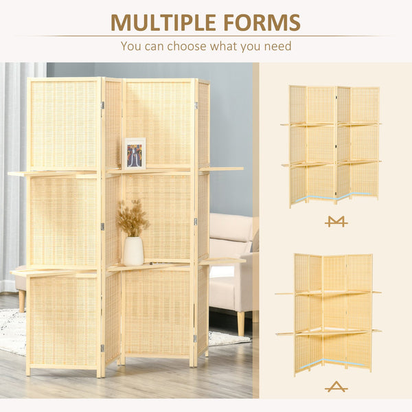 English Elm Homcom 4-Panel Folding Bamboo Room Divider Screen, Stylish Privacy Partition With Storage Shelves W2225P156391