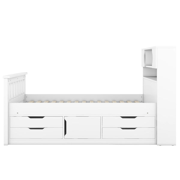 English Elm Twin Captain Platform Bed Frame with Built-In Bookcase, Four Drawers & Slat Support for Storage White GX001828AAK