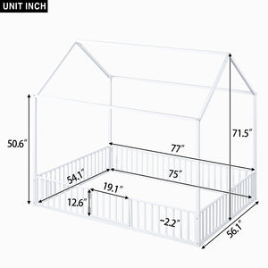 English Elm Full Size White Metal House Bed with Pitched Roof Fence and Door for Kids MF315933AAK