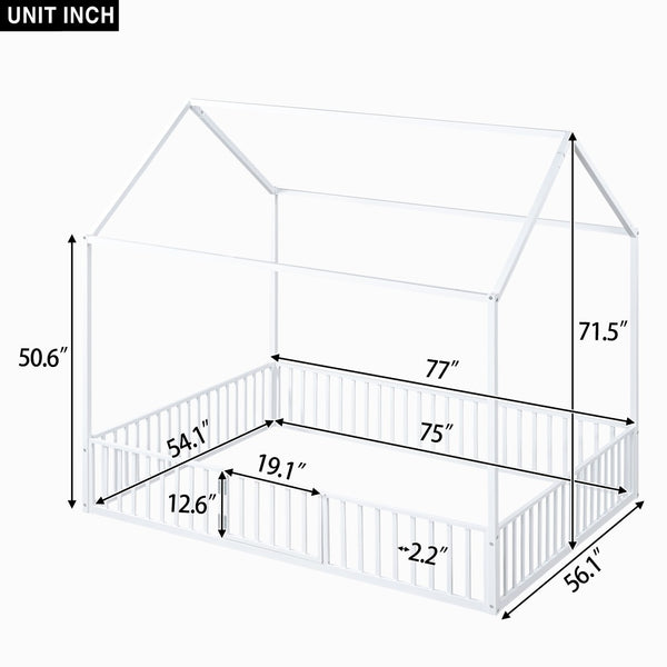 English Elm Full Size White Metal House Bed with Pitched Roof Fence and Door for Kids MF315933AAK