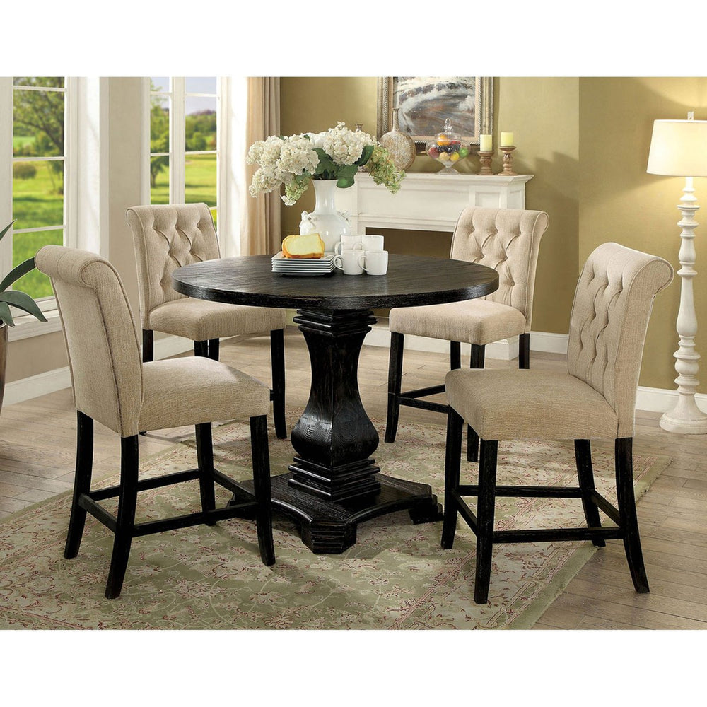 English Elm Set of 2 Padded Chenille Dining Chairs Solid Wood Antique Black Finish Beige Linen Comfort Seat B016P156584