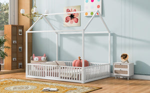 English Elm Full Size White Metal House Bed with Pitched Roof Fence and Door for Kids MF315933AAK