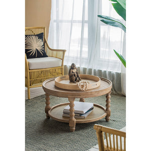 English Elm D29.7" Round Two-tier Side Table Wicker Cane Shelf Turned Legs Artisan Living Room Brown W2078P155914