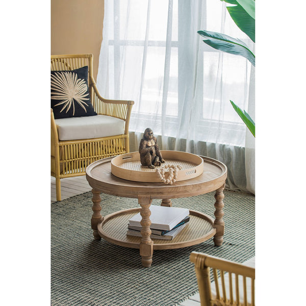English Elm D29.7" Round Two-tier Side Table Wicker Cane Shelf Turned Legs Artisan Living Room Brown W2078P155914