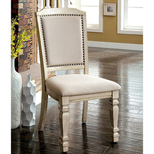 English Elm Set of 2 Padded Dining Chairs Antique White with Ivory Upholstery, Turned Legs, Comfortable Elegant Seating B016P156592