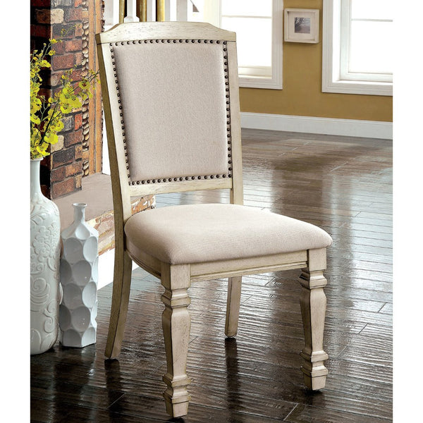 English Elm Set of 2 Padded Dining Chairs Antique White with Ivory Upholstery, Turned Legs, Comfortable Elegant Seating B016P156592