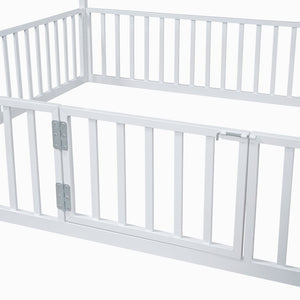 English Elm Full Size White Metal House Bed with Pitched Roof Fence and Door for Kids MF315933AAK