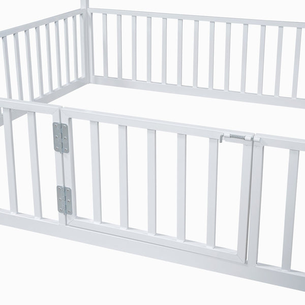 English Elm Full Size White Metal House Bed with Pitched Roof Fence and Door for Kids MF315933AAK