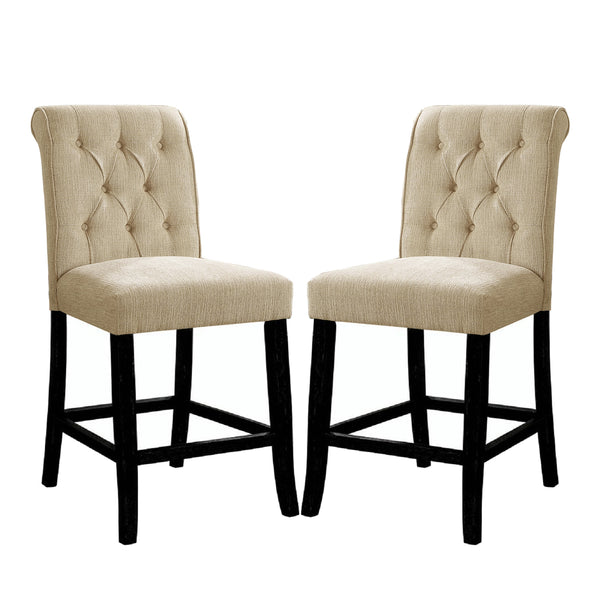 English Elm Set of 2 Padded Chenille Dining Chairs Solid Wood Antique Black Finish Beige Linen Comfort Seat B016P156584