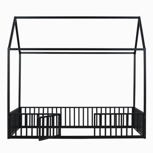 English Elm Twin Metal House Bed with Roof, Fence & Door — Enclosed Playful Twin Frame for Imaginative Kids Sleeps Black MF315932AAB