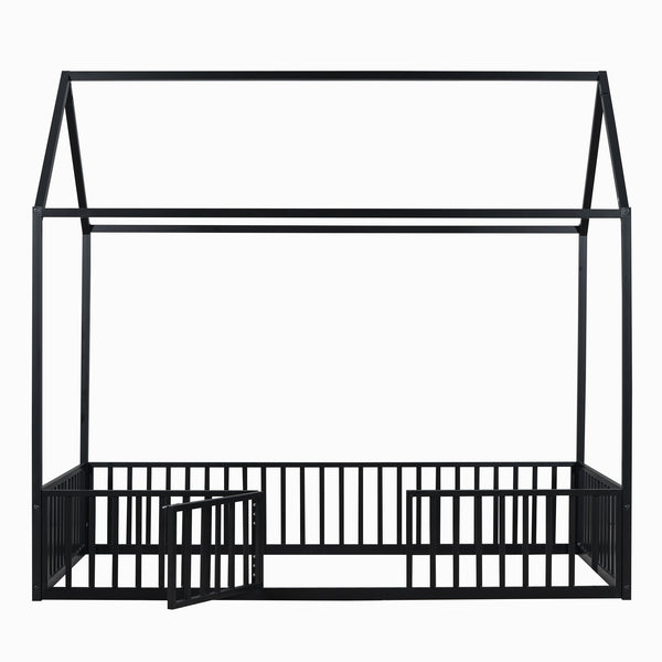English Elm Twin Metal House Bed with Roof, Fence & Door — Enclosed Playful Twin Frame for Imaginative Kids Sleeps Black MF315932AAB