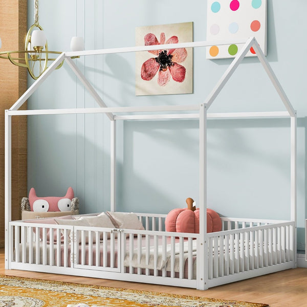 English Elm Full Size White Metal House Bed with Pitched Roof Fence and Door for Kids MF315933AAK