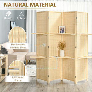 English Elm Homcom 4-Panel Folding Bamboo Room Divider Screen, Stylish Privacy Partition With Storage Shelves W2225P156391