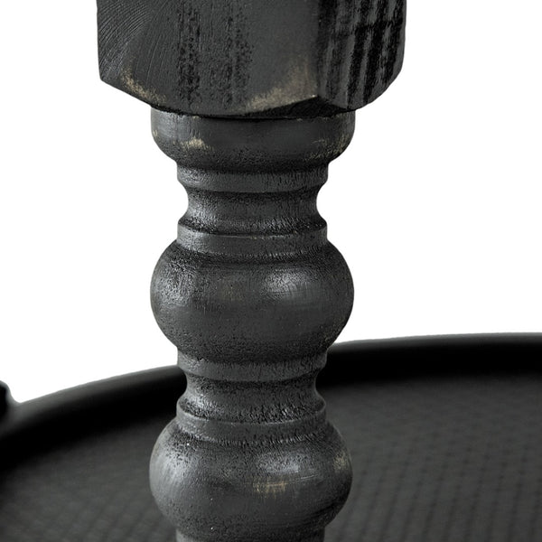English Elm D29.7" Round Two-tier Side Table Wicker Cane Shelf Turned Legs Artisan Living Room Black W2078P155915