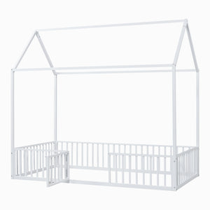 English Elm Twin Metal House Bed with Roof, Fence & Door — Enclosed Playful Twin Frame for Imaginative Kids Sleeps White MF315932AAK