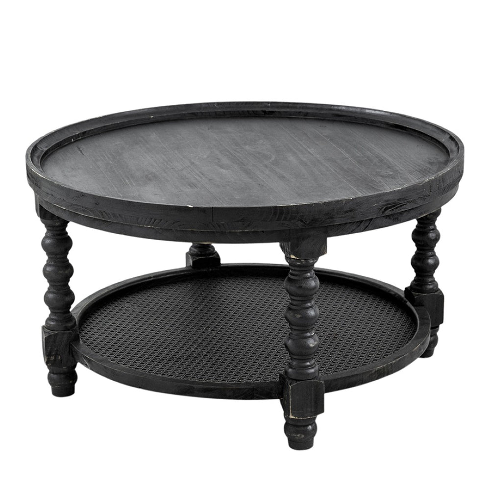 English Elm D29.7" Round Two-tier Side Table Wicker Cane Shelf Turned Legs Artisan Living Room Black W2078P155915
