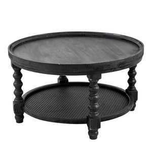 English Elm D29.7" Round Two-tier Side Table Wicker Cane Shelf Turned Legs Artisan Living Room Black W2078P155915