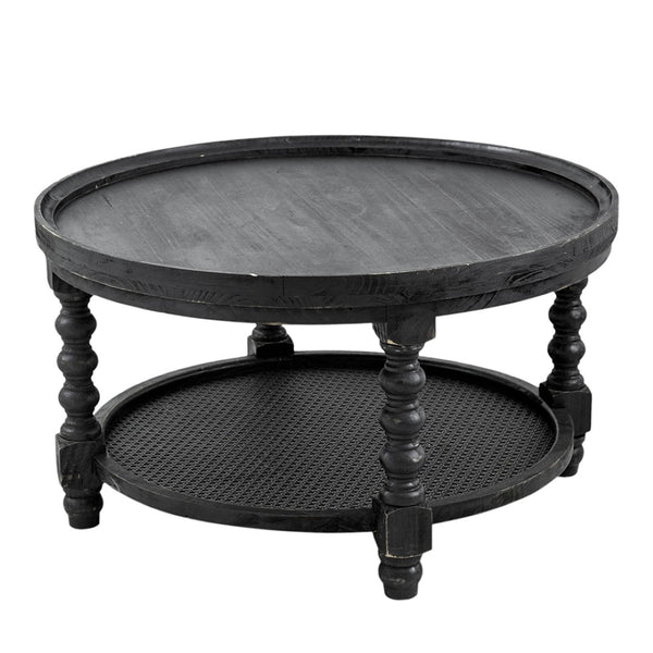 English Elm D29.7" Round Two-tier Side Table Wicker Cane Shelf Turned Legs Artisan Living Room Black W2078P155915