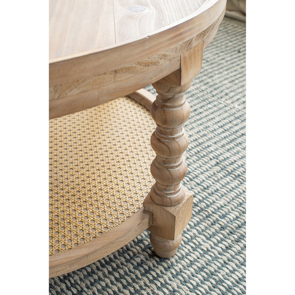 English Elm D29.7" Round Two-tier Side Table Wicker Cane Shelf Turned Legs Artisan Living Room Brown W2078P155914