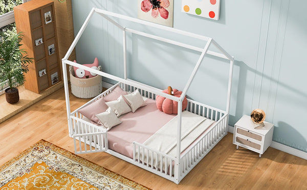 English Elm Full Size White Metal House Bed with Pitched Roof Fence and Door for Kids MF315933AAK
