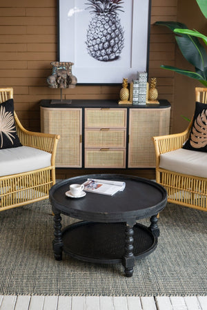 English Elm D29.7" Round Two-tier Side Table Wicker Cane Shelf Turned Legs Artisan Living Room Black W2078P155915
