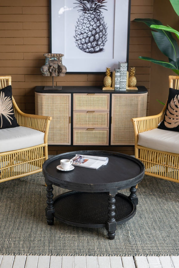 English Elm D29.7" Round Two-tier Side Table Wicker Cane Shelf Turned Legs Artisan Living Room Black W2078P155915