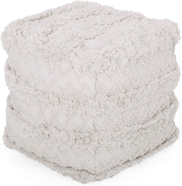 English Elm Christopher Knight Home® - WOVEN Cotton Pouf White Handwoven Boho Tufted Diamond Accent Cube Removable Cover, 18" Durable 67855.00