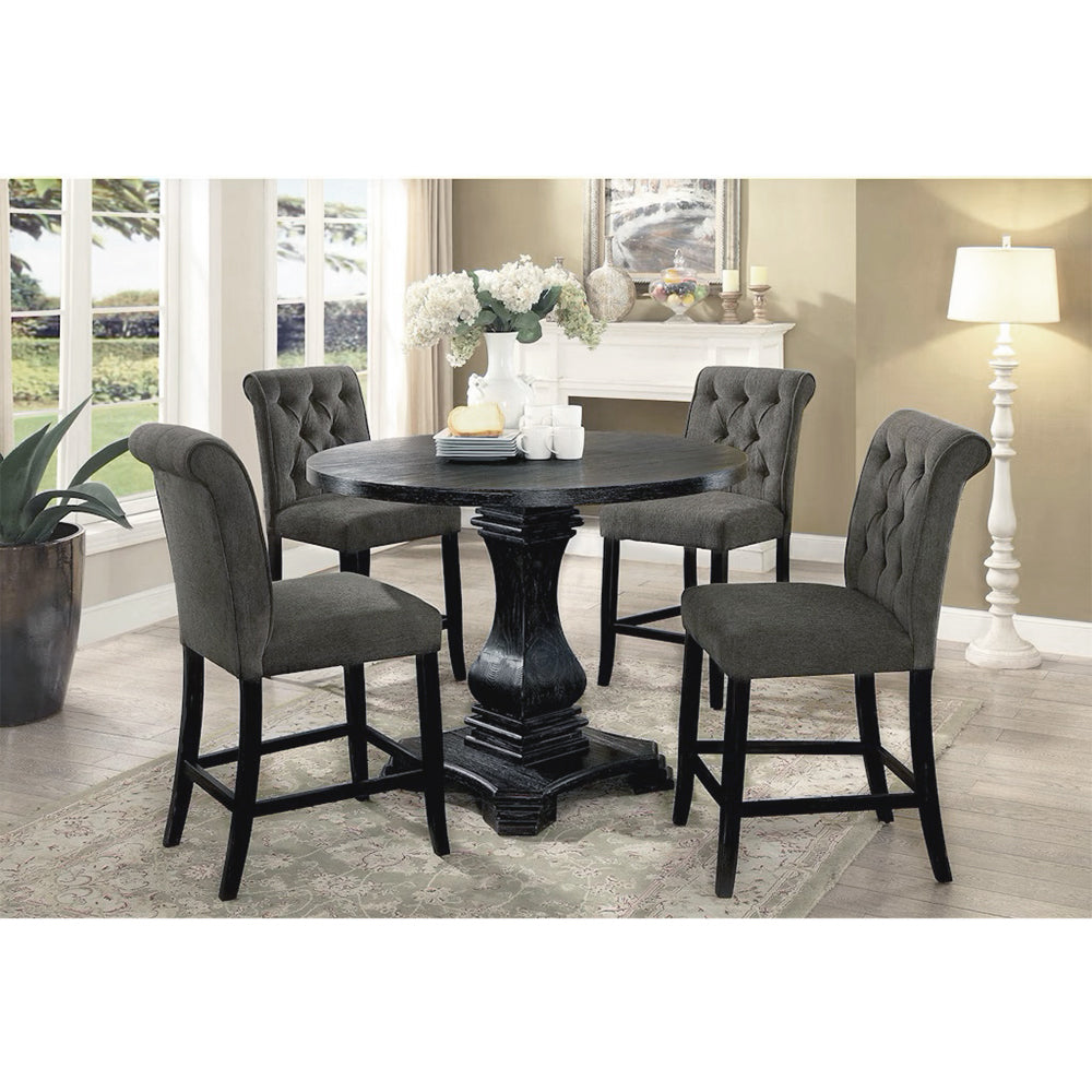 English Elm Set of 2 Counter Height Dining Chairs Antique Black Wood, Padded Gray Linen-Style Seats with Tilted Legs B016P156580