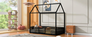 English Elm Twin Metal House Bed with Roof, Fence & Door — Enclosed Playful Twin Frame for Imaginative Kids Sleeps Black MF315932AAB