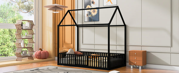 English Elm Twin Metal House Bed with Roof, Fence & Door — Enclosed Playful Twin Frame for Imaginative Kids Sleeps Black MF315932AAB