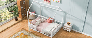 English Elm Full Size White Metal House Bed with Pitched Roof Fence and Door for Kids MF315933AAK
