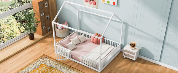 English Elm Full Size White Metal House Bed with Pitched Roof Fence and Door for Kids MF315933AAK