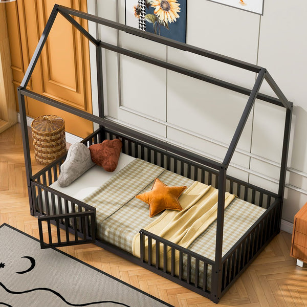 English Elm Twin Metal House Bed with Roof, Fence & Door — Enclosed Playful Twin Frame for Imaginative Kids Sleeps Black MF315932AAB