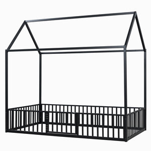 English Elm Twin Metal House Bed with Roof, Fence & Door — Enclosed Playful Twin Frame for Imaginative Kids Sleeps Black MF315932AAB