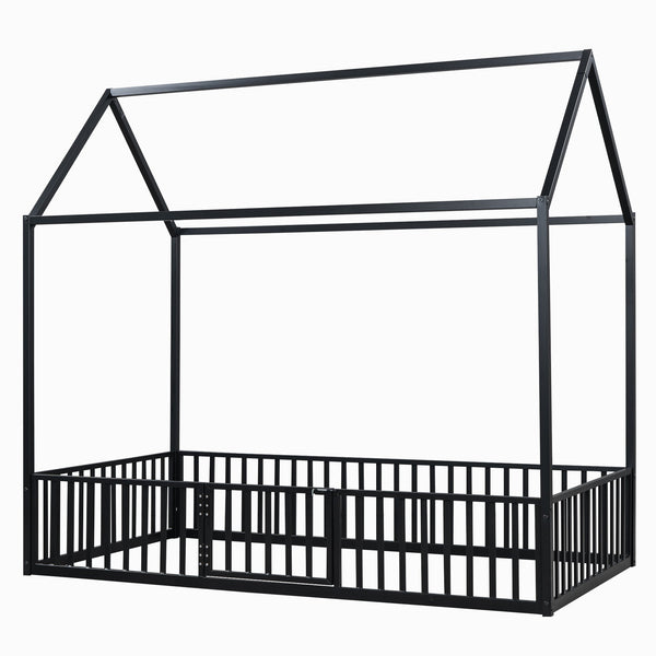 English Elm Twin Metal House Bed with Roof, Fence & Door — Enclosed Playful Twin Frame for Imaginative Kids Sleeps Black MF315932AAB