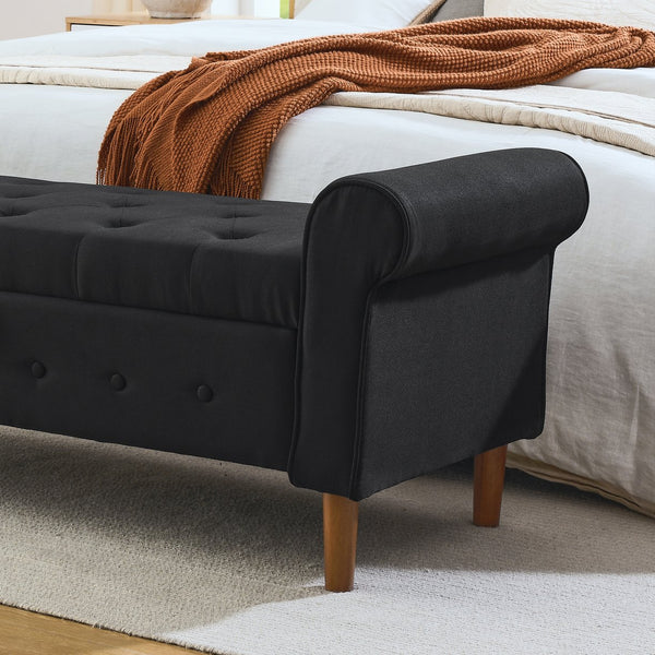 English Elm 62" Tufted Button Storage Bench with Rolled Arms, Canvas Upholstered Ottoman for Entryway & Bedroom Black W1853141522